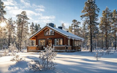 A Nordic-style house glowing brightly under clear skies and direct sunlight, surrounded by pine trees