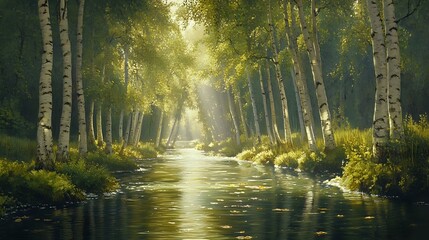 A tranquil river flowing through a dense birch forest with dappled sunlight dancing on the water
