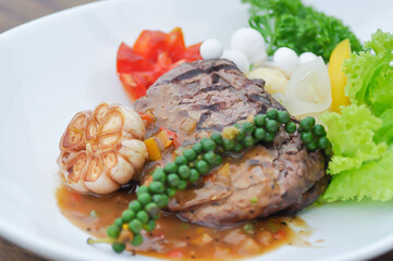 beef steak in gravy sauce or barbecued beef or grilled beef and vegetable