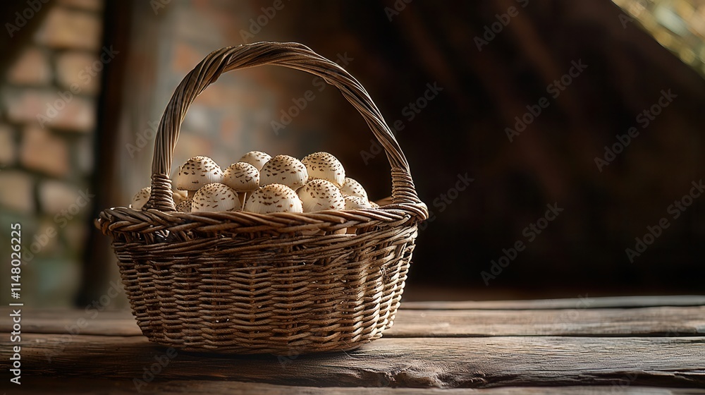 Poster basket filled with quail eggs resting on a rustic wooden table in a cozy setting evoking a sense of 