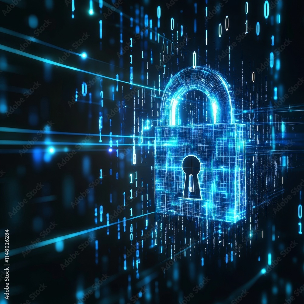Poster digital lock represented as a hologram surrounded by binary code conveying cybersecurity in a futuri