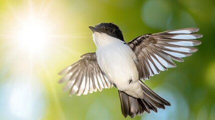 A small bird flying through the air with its wings spread