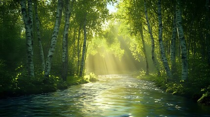 A tranquil river flowing through a dense birch forest with dappled sunlight dancing on the water