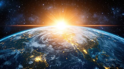 Obraz premium Sunrise over Earth, showcasing city lights and atmospheric details from space.