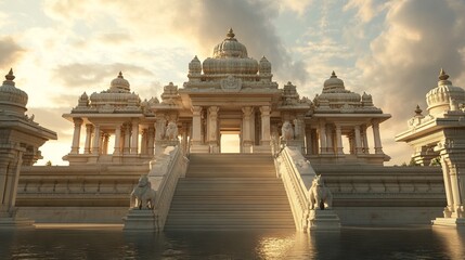 3D Illustration of an Indian Temple with Grand Staircase at Evening - Realistic Lighting.AI generated illustration