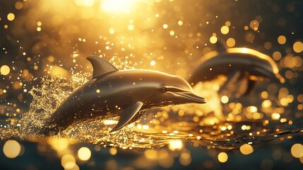 3D Rendering of Close-up Dolphins in the Water with a Golden Bokeh Background. AI generated illustration