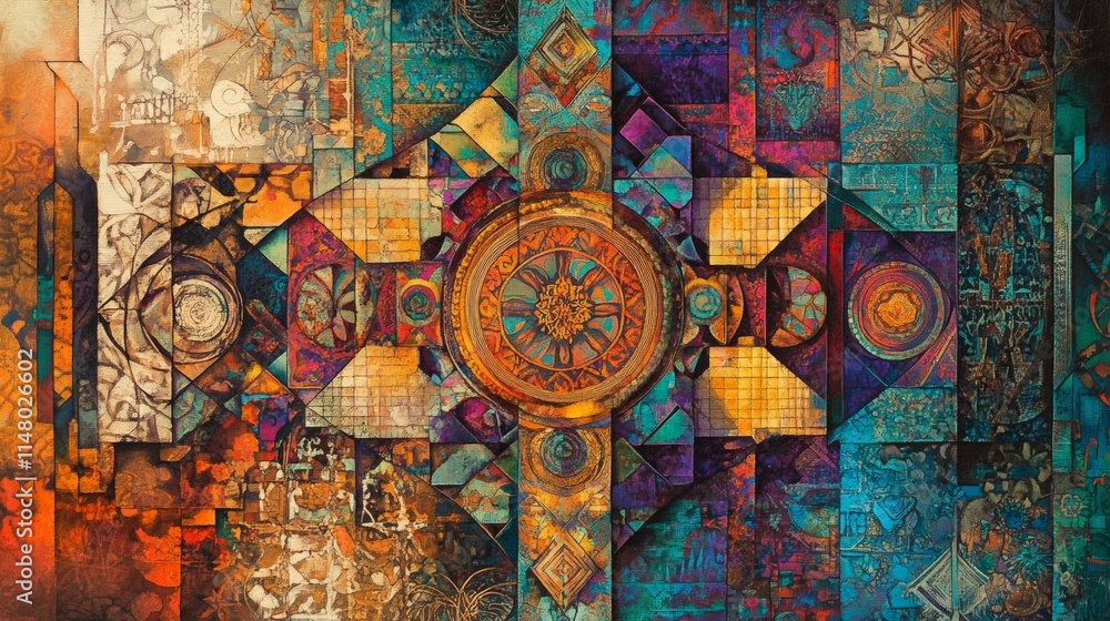 Poster a colorful abstract painting with a large circle in the center. the circle is surrounded by smaller 