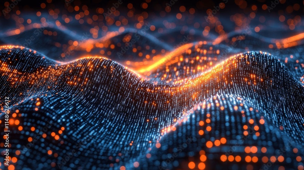 Poster visual representation of digital waves with glowing particles in an abstract design