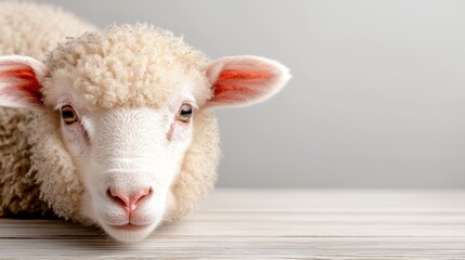 Fototapeta premium A close up of a sheep laying down on a table