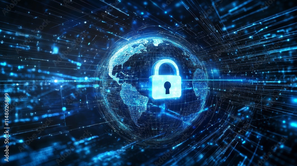Poster digital security lock superimposed on a globe representing global data protection and cybersecurity 