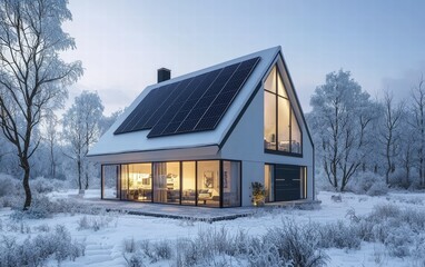 A modern house with sleek solar panels on a snow-covered roof, surrounded by frosted trees and a soft winter glow