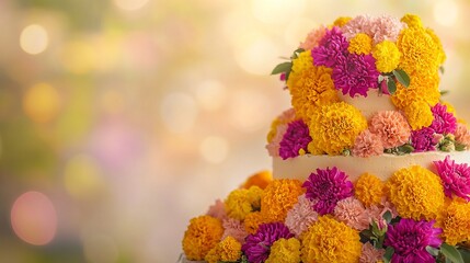 Colorful Marigold Flower Cake for Navratri Celebration with Soft Lighting. AI generated illustration