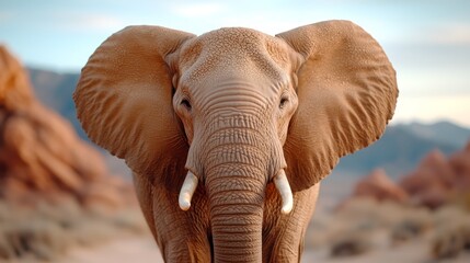 A close up of an elephant with tusks standing in the desert
