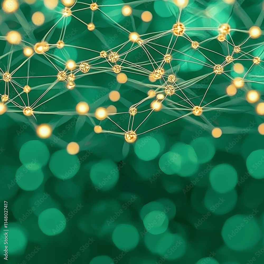 Aufkleber abstract network connection golden nodes green bokeh background
