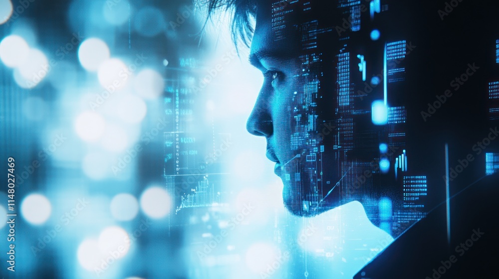 Poster Man's profile with data overlay, blurred bokeh background.