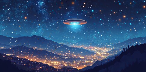 Flying Saucer Soars Across the Night Sky: Starry Background, Distant Mountains, and City Lights in a Mystical Sci-Fi Illustration. AI generated illustration