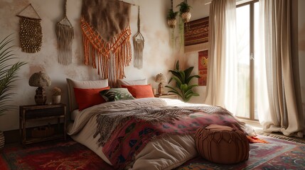 Bohemian-style bedroom with layered textiles, macrame wall hangings, and a mix of patterns and textures