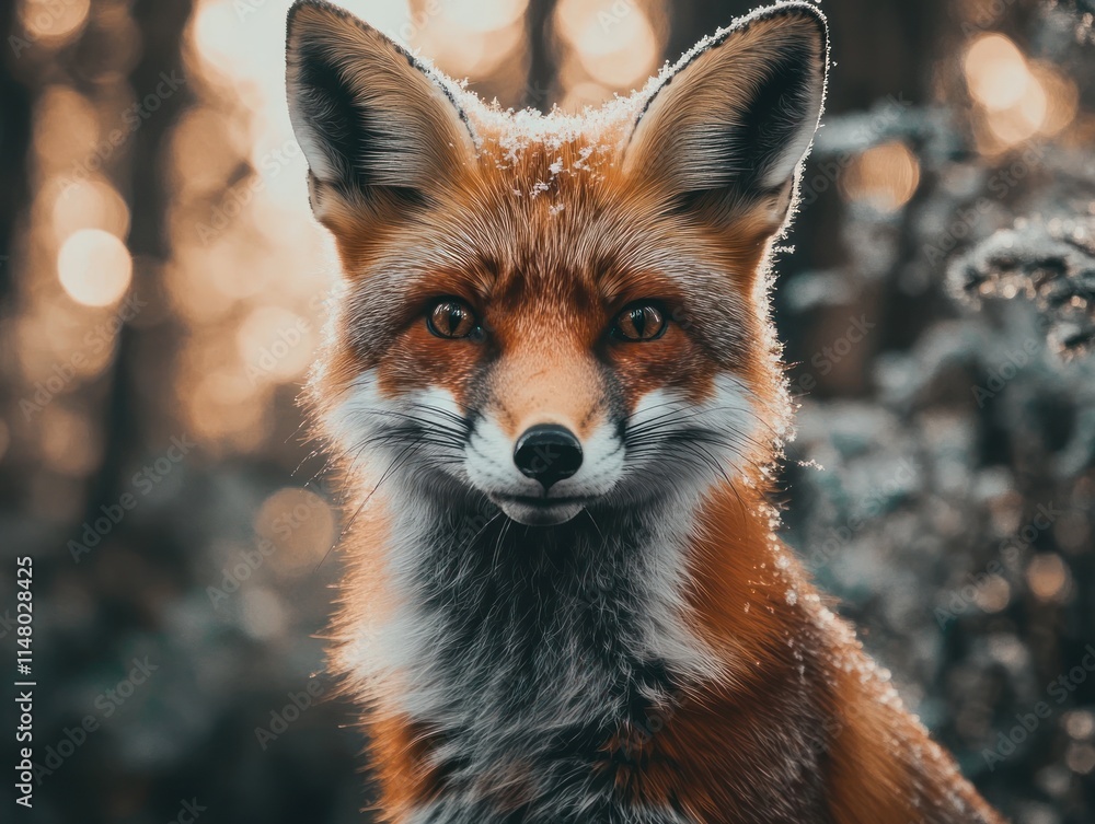 Poster fox face with snowy fur in a blurred, bokeh forest.