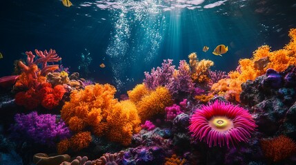 Naklejka premium 3D Render of a Colorful Coral Reef with Glowing Anemones and Sea Lions - Cinematic Underwater Scene. AI generated illustration