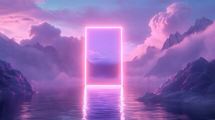 Glowing Neon Rectangle Portal Floating Above Water with Mountains and Cloudy Sky - Otherworldly Sci-Fi Environment. AI generated illustration