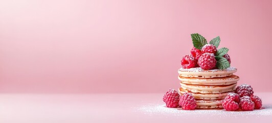 Delicious pancakes with raspberries minimalistic setting food photography soft pink background close-up culinary delight