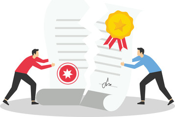 Contract termination. Two businessman tearing document apart. The end of agreement. Flat vector illustration.

