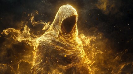 Glowing Golden Ghost with Flowing Robes and Particles Against a Dark Background. AI generated illustration