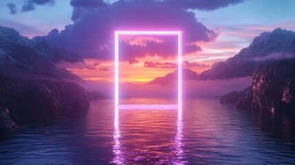 Glowing Neon Rectangle Portal Floating Above Water with Mountains and Cloudy Sky - Otherworldly Sci-Fi Environment. AI generated illustration