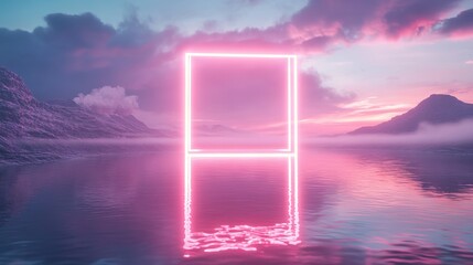 Glowing Neon Rectangle Portal Floating Above Water with Mountains and Cloudy Sky - Otherworldly Sci-Fi Environment. AI generated illustration