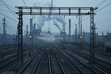 Naklejka premium converging railway tracks leading to industrial complex