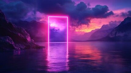 Glowing Neon Rectangle Portal Floating Above Water with Mountains and Cloudy Sky - Otherworldly Sci-Fi Environment. AI generated illustration