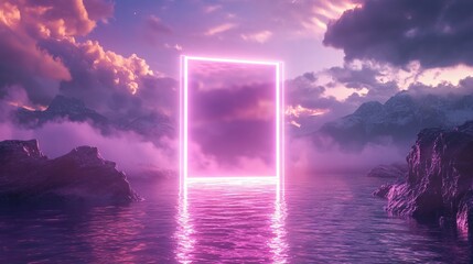 Glowing Neon Rectangle Portal Floating Above Water with Mountains and Cloudy Sky - Otherworldly Sci-Fi Environment. AI generated illustration