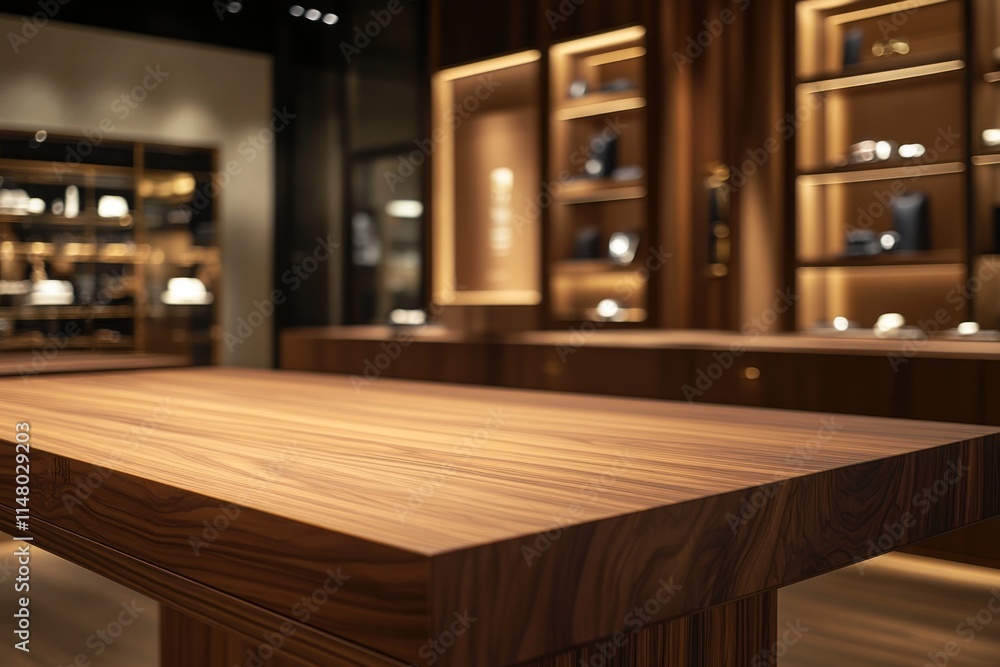 Poster empty wooden table in luxury retail store with display cases.