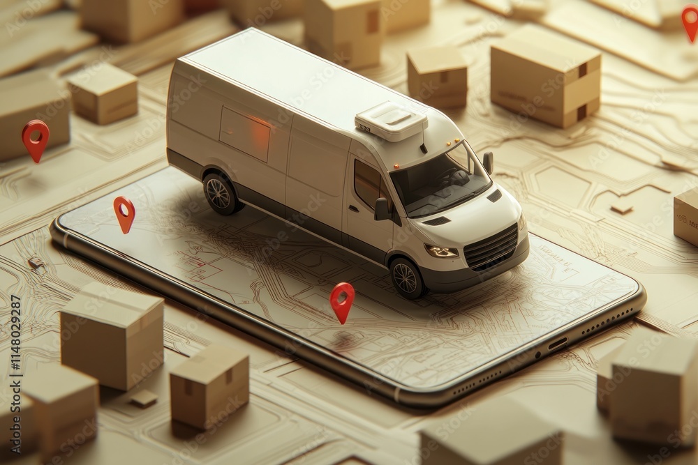 Poster delivery van on phone map with boxes.
