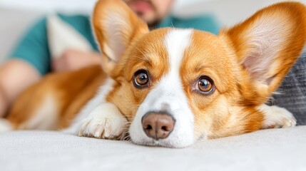 A brown and white dog laying on top of a couch