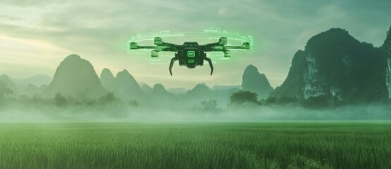 Glowing Neon Rectangle Portal Floating Above Water with Mountains and Cloudy Sky - Otherworldly Sci-Fi Environment. AI generated illustration
