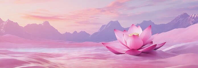 3D Render of a Pink Lotus in a Surreal Fantasy Landscape with Pastel Colors. AI generated illustration
