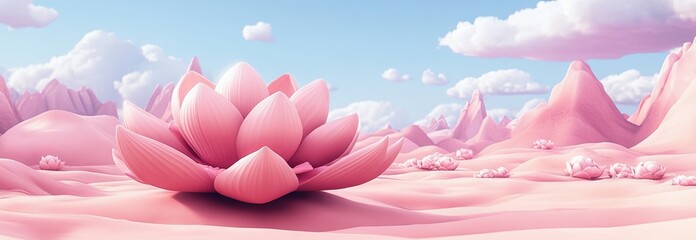 3D Render of a Pink Lotus in a Surreal Fantasy Landscape with Pastel Colors. AI generated illustration