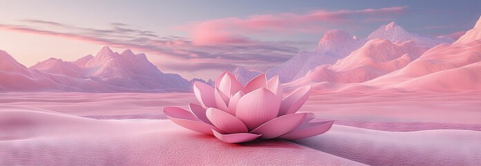 3D Render of a Pink Lotus in a Surreal Fantasy Landscape with Pastel Colors. AI generated illustration