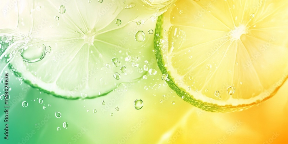 Poster a close up of two lime slices with water droplets on them. the lime slices are placed on a green bac