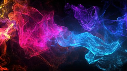 Abstract smoke-like wisps of bright neon colors floating on a black background.