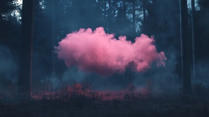 Pink Cloud Floating Above a Dark Forest - Ultra-Realistic Horror Photography with Cinematic Shot. AI generated illustration