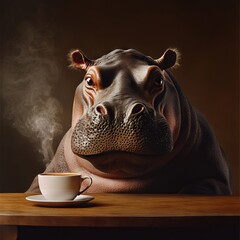 Happy Hippopotamus Enjoying a Cup of Coffee at the Table - Realistic Studio Photography. AI generated illustration