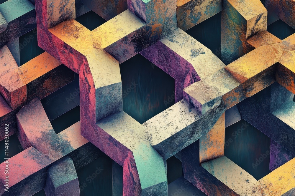 Poster colorful abstract geometric shapes create an intricate three-dimensional illusion of depth