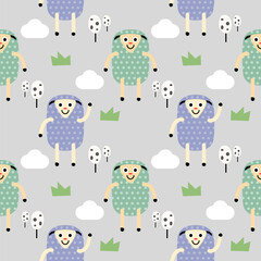 Sheep green and purple cartoon so cute. On cloud tree grass gray background. Pattern seamless vector illustration. 
