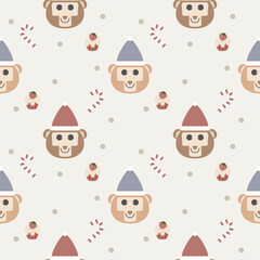 Face monkey and hat cartoon so cute. On candy cane cupcake polka dot background. Pattern seamless vector illustration. 
