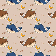 Whale blue and brown sleep cartoon so cute. On moon star background. Pattern seamless vector illustration. 
