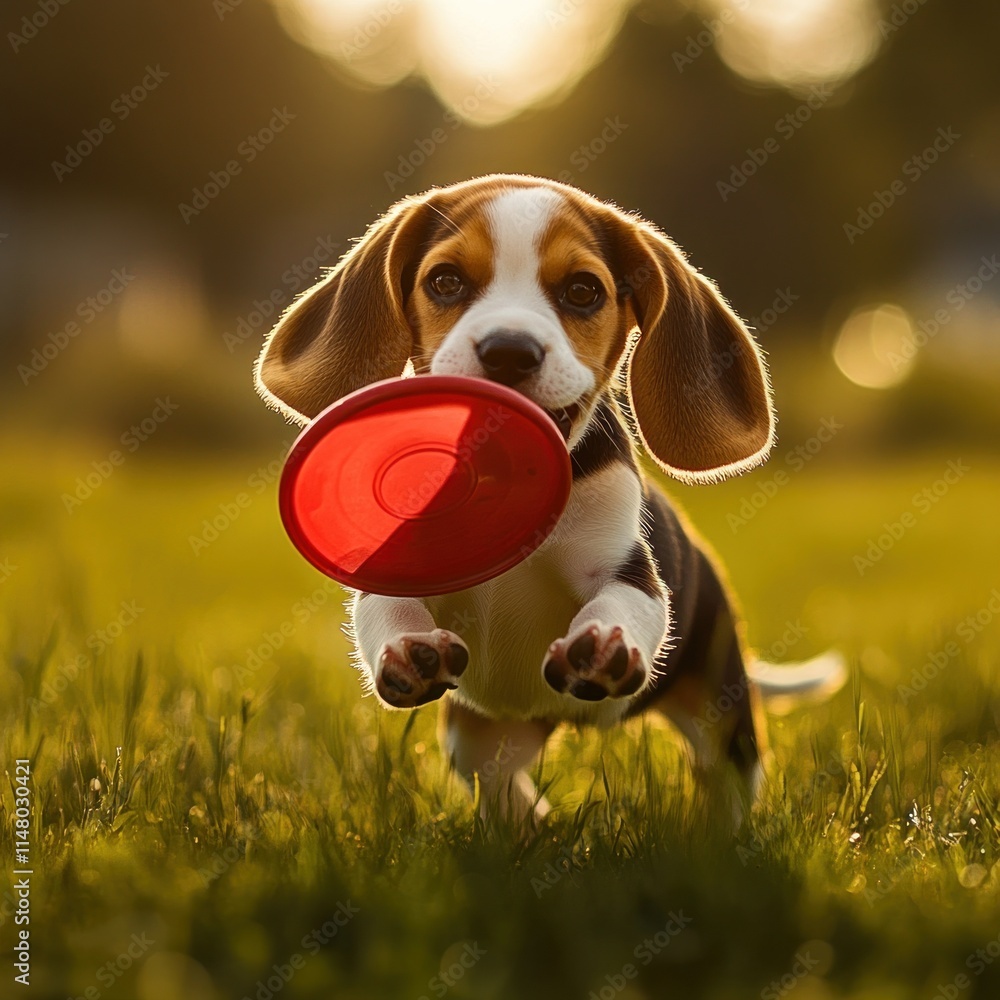 Aufkleber Beagle puppy running with red disc.