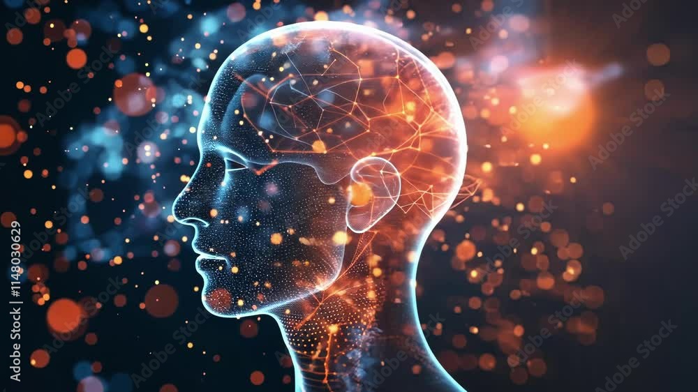 Poster complex network of interconnected dots and lines forming a human head profile, representing artifici
