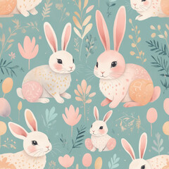 Pattern of cute rabbits among flowers, joyful design for Chinese New Year, festive decoration, copy space